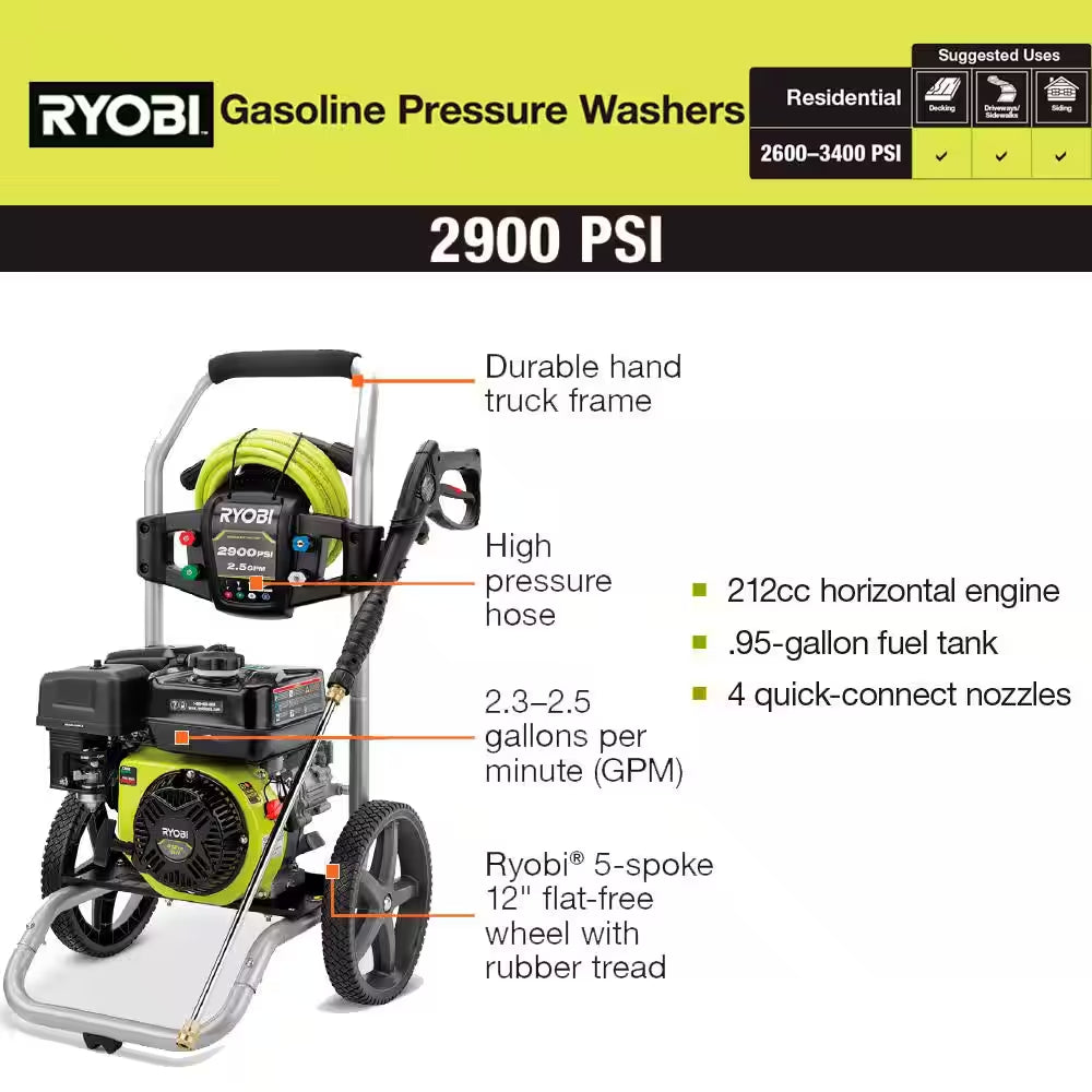 2900 PSI 2.5 GPM Cold Water Gas Pressure Washer with 212Cc Engine