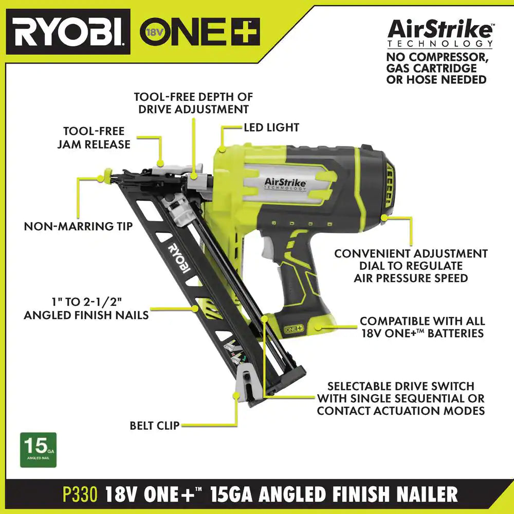 ONE+ 18V Lithium-Ion Cordless Airstrike 15-Gauge Angled Finish Nailer (Tool Only) with Sample Nails