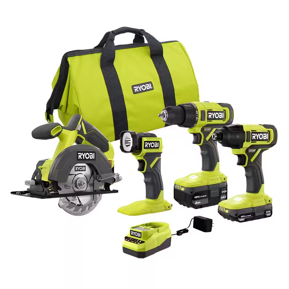 ONE+ 18V Cordless 4-Tool Combo Kit with 1.5 Ah Battery, 4.0 Ah Battery, and Charger