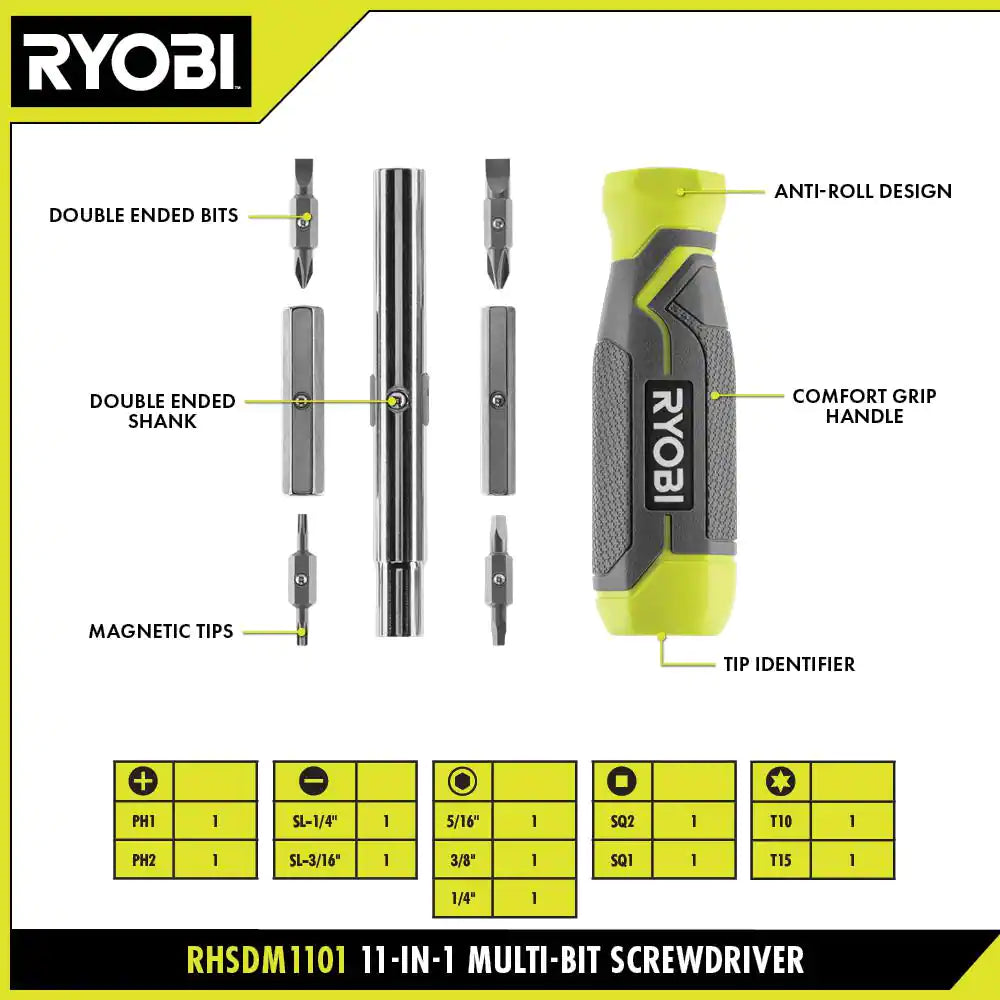 11-In-1 Multi-Bit Screwdriver with Cushion Grip Handle