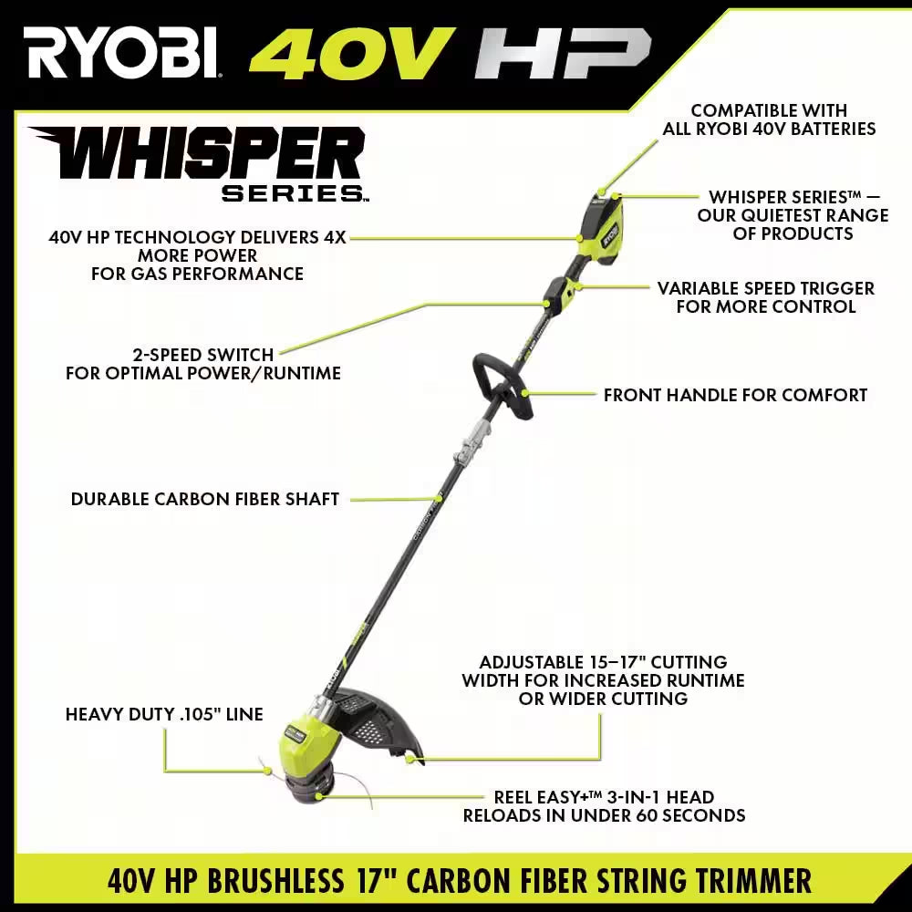 40V HP Brushless Whisper Series 17 In. Cordless Battery Carbon Fiber Shaft String Trimmer W/ 6.0 Ah Battery & Charger