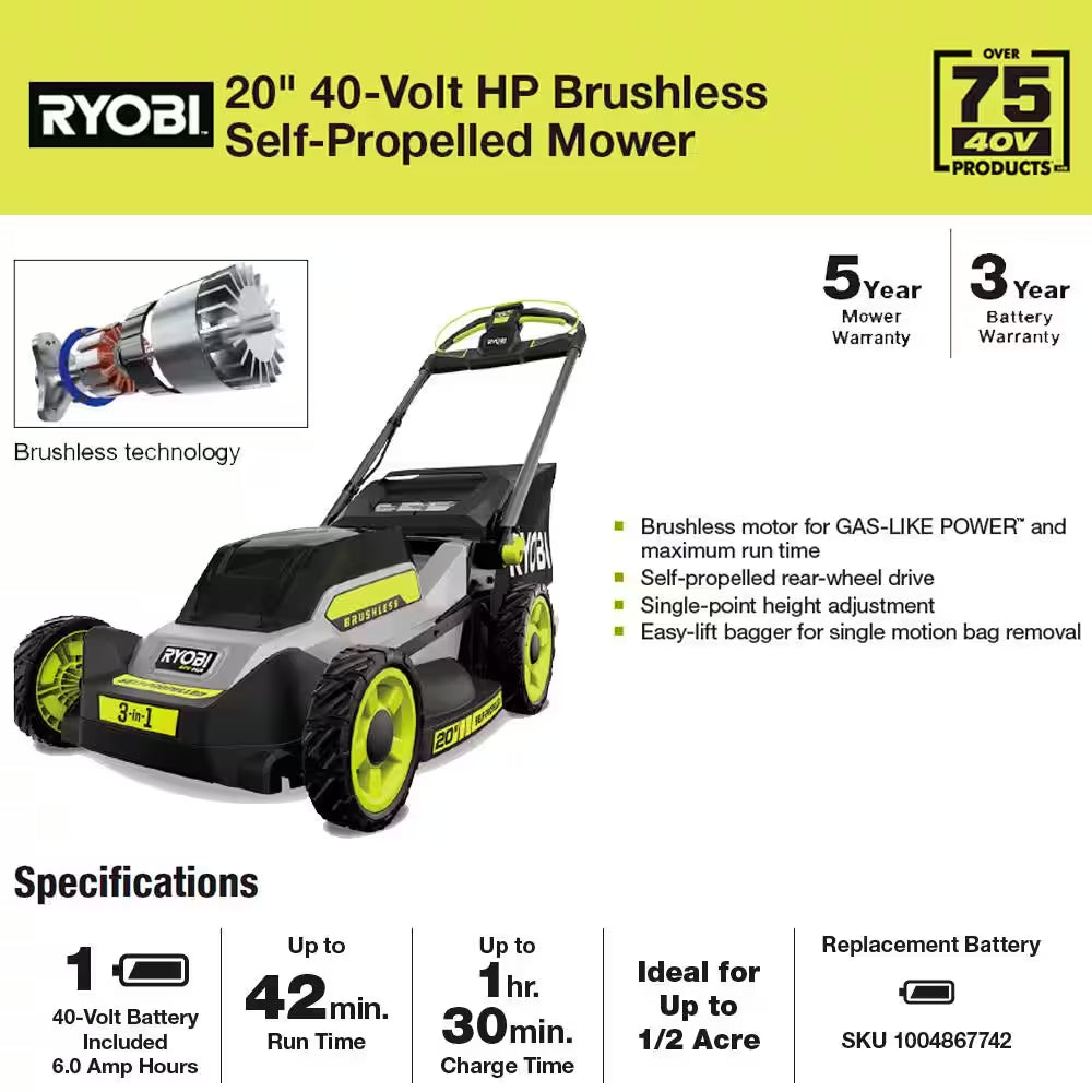 40V HP Brushless 20 In. Cordless Electric Battery Walk behind Self-Propelled Mower with 6.0 Ah Battery and Charger