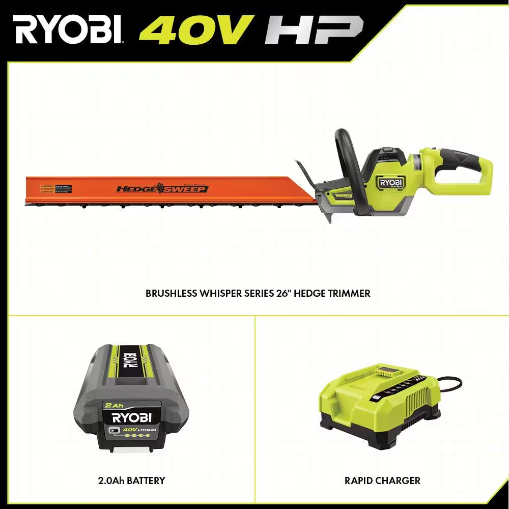 40V HP Brushless Whisper Series 26 In. Cordless Battery Hedge Trimmer with 2.0 Ah Battery and Charger