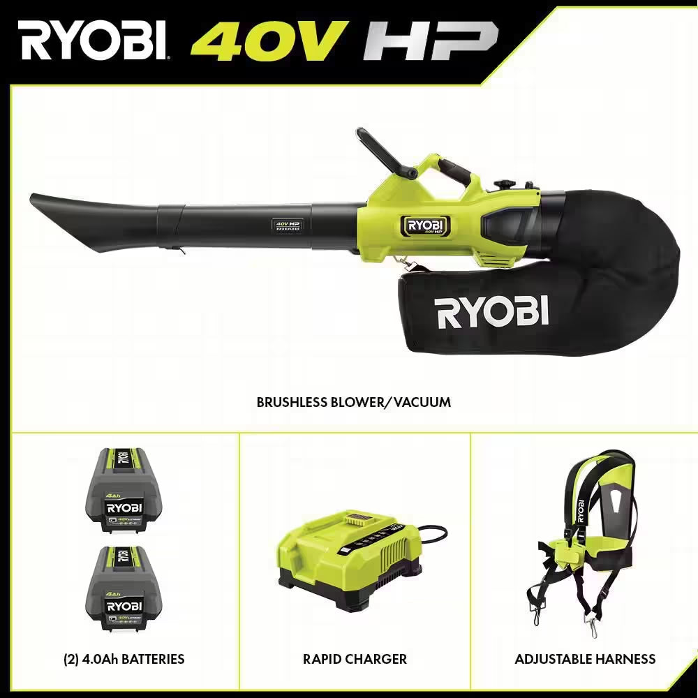 40V HP Brushless 100 MPH 600 CFM Cordless Leaf Blower/Mulcher/Vacuum with (2) 4.0 Ah Batteries and Charger