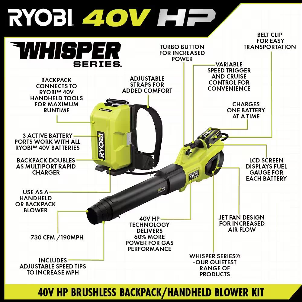 40V HP Brushless Whisper Series 190 MPH 730 CFM Blower and Backpack Battery W/ (2) 6.0 Ah Batteries & Charger