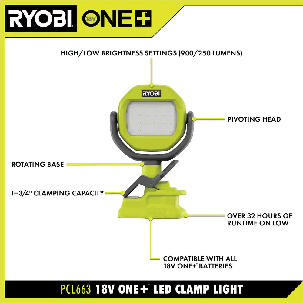 ONE+ 18V Cordless LED Clamp Light Kit with 1.5 Ah Battery and Charger