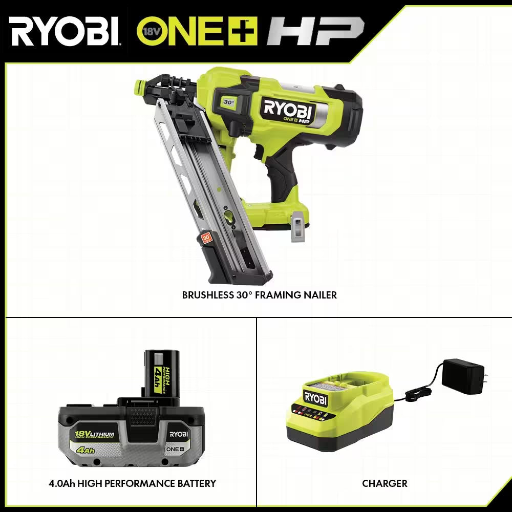 ONE+ HP 18V Brushless Cordless Airstrike 30° Framing Nailer Kit with 4.0 Ah HIGH PERFORMANCE Battery and Charger